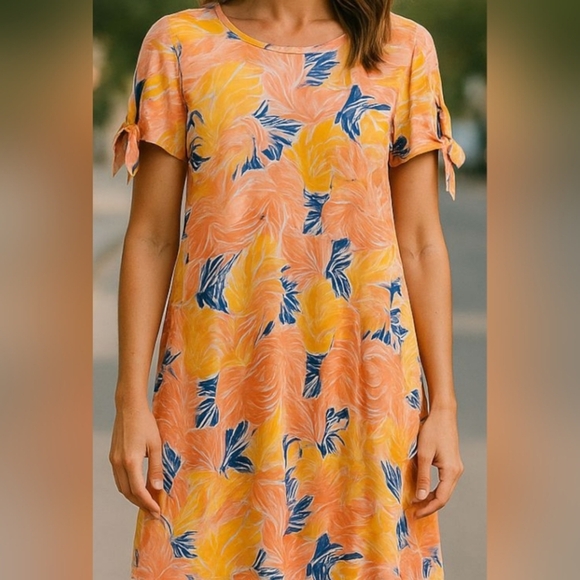 Caribbean Joe - Tropical Floral Pattern, Short Sleeve W/ Tie Accent, Size Medium - Picture 4 of 15